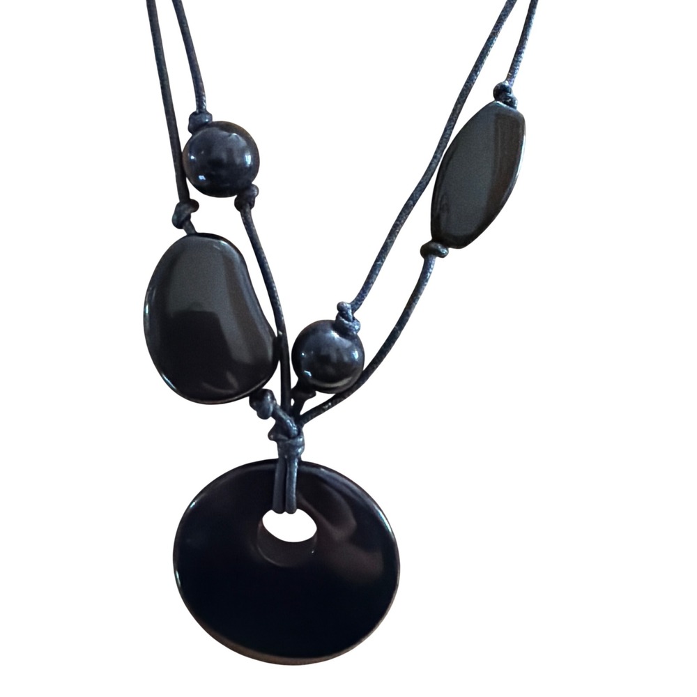 Chunky Black Multi Strand Cord Statement Necklace Large Donut Pendant 1716